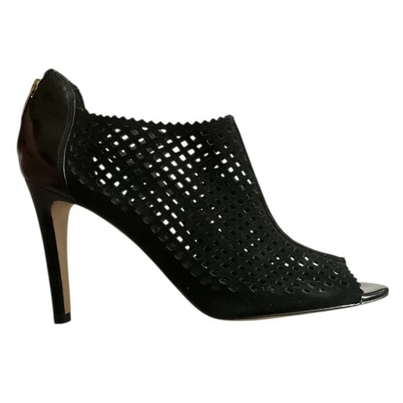 Marc Fisher Peddle Peep Toe Leather Suede Heels Laser Cut Bootie Black SZ 9.5 M - Picture 1 of 16